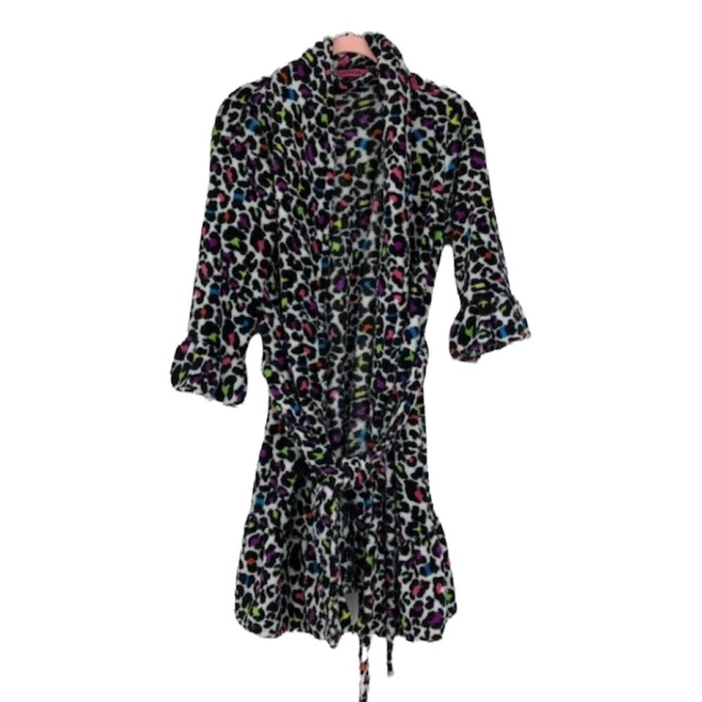 Hotkiss Fuzzy robe leopard rainbow print short length waist tie S